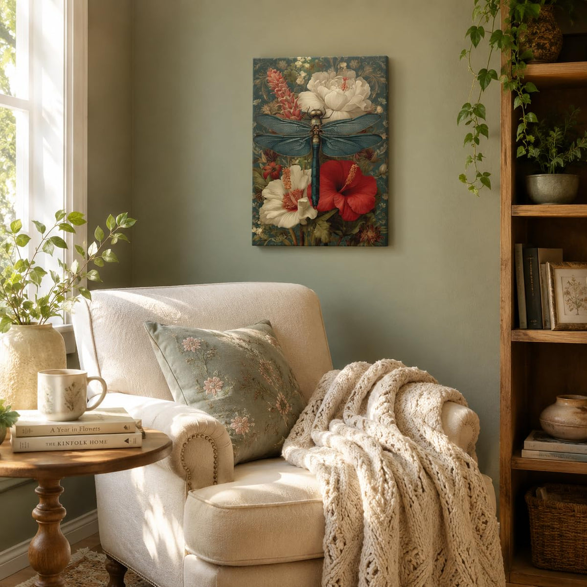 Dragonfly Floral Canvas Wall Art Vintage Framed Botanical Decor 12x16 Inch (Dragonfly Floral / 16"L x 12"W)