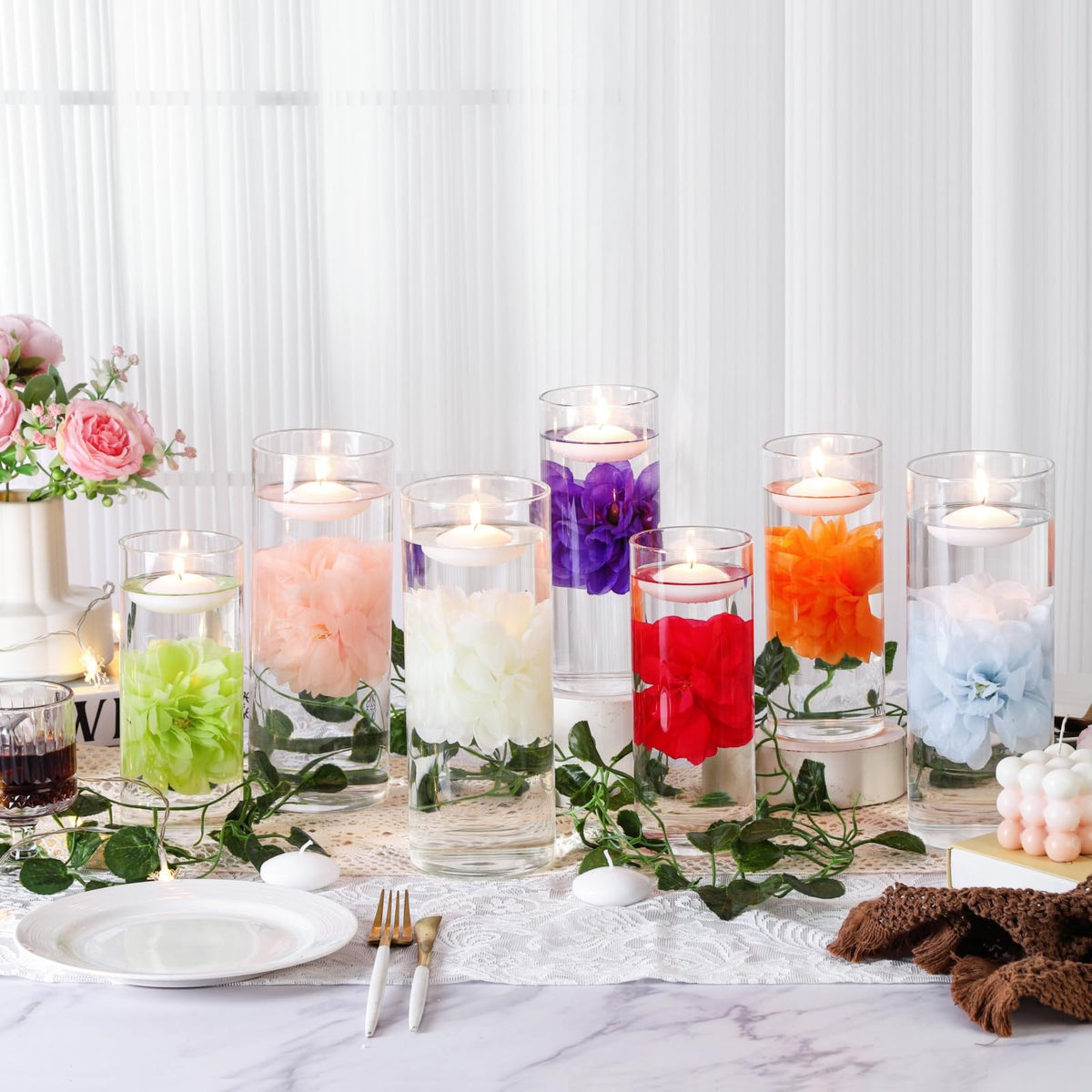 24 Pcs Floating Candles for Centerpieces and Floating Flowers Vase Fillers for Centerpieces Orange Artificial Flowers for Wedding Table Party Home Decoration (Orange)