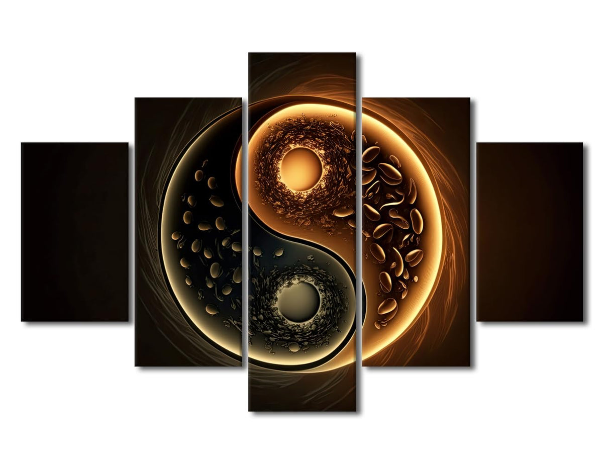 Canvas Wall Art Oversized Coffee Inspired Yin Yang Design Stretched Framed Painting Five Piece Set Modern Kitchen Decor Coffee Lover Gift Ready to Hang 60" Wx40 H (60''Wx40''H / Artwork-05)