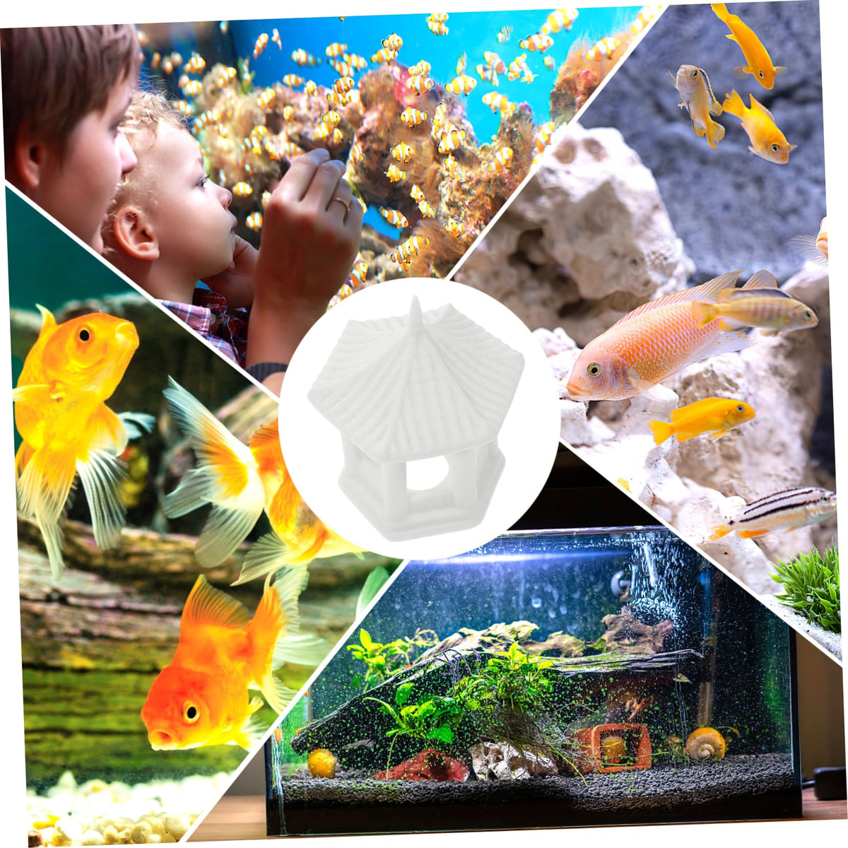 Hexagonal Pavilion Ornament 2.79X2.44X2.16In Miniature Ceramic Pavilion Statue for Fish Tank Decor Aquarium Decoration Zen Garden Accessories and Desktop Ornament