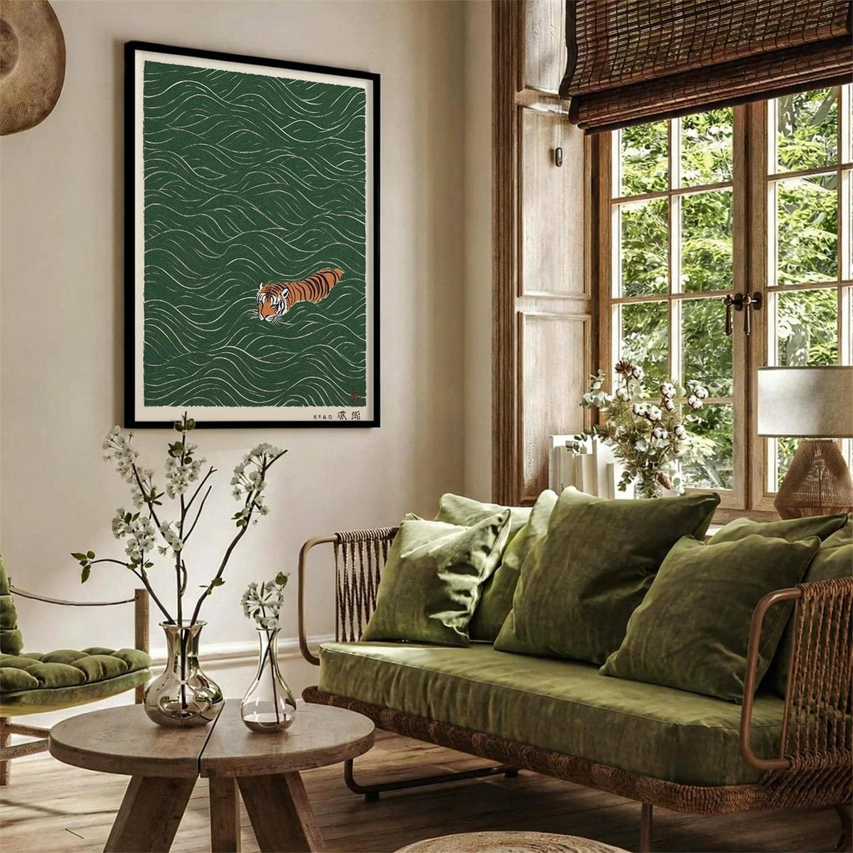 Black Framed Vintage Japanese Tiger Swimming Prints 11x14in Ukiyo (Black Framed / Japanese Prints / 14"L x 11"W)