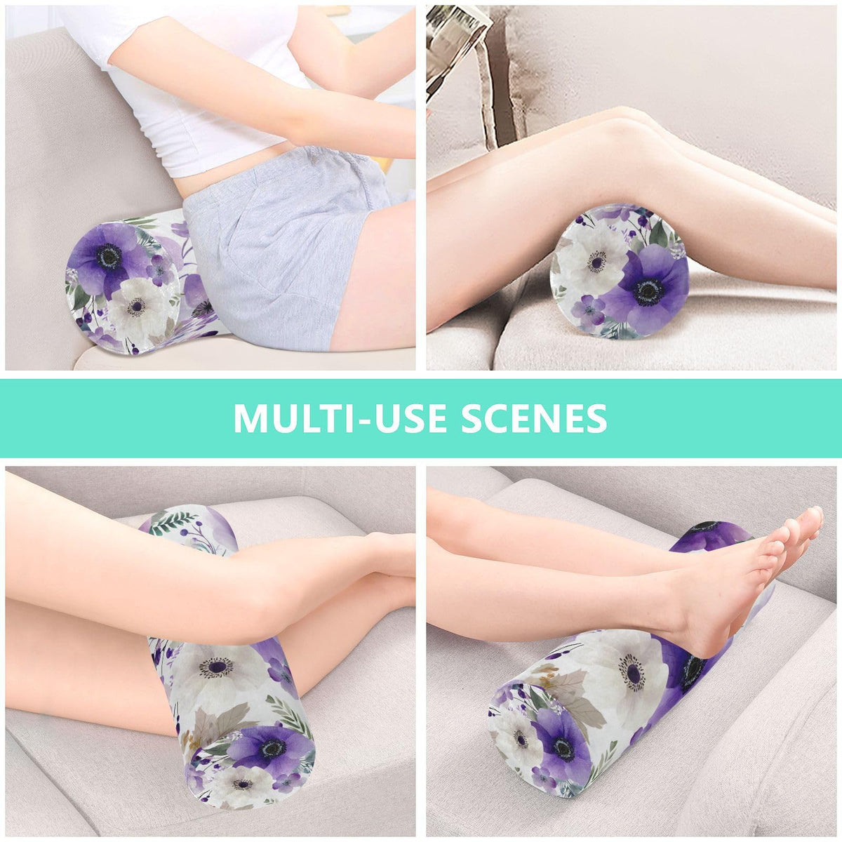 Purple White Lotus Flowers and Berries Neck Roll Pillow Bolster Round Health Memory Foam Long Cervical Cylinder Pillows with Removable Washable Cover for Body Bed Legs Back Yoga (Blue and White Silver Lotus Flowers and Berries)