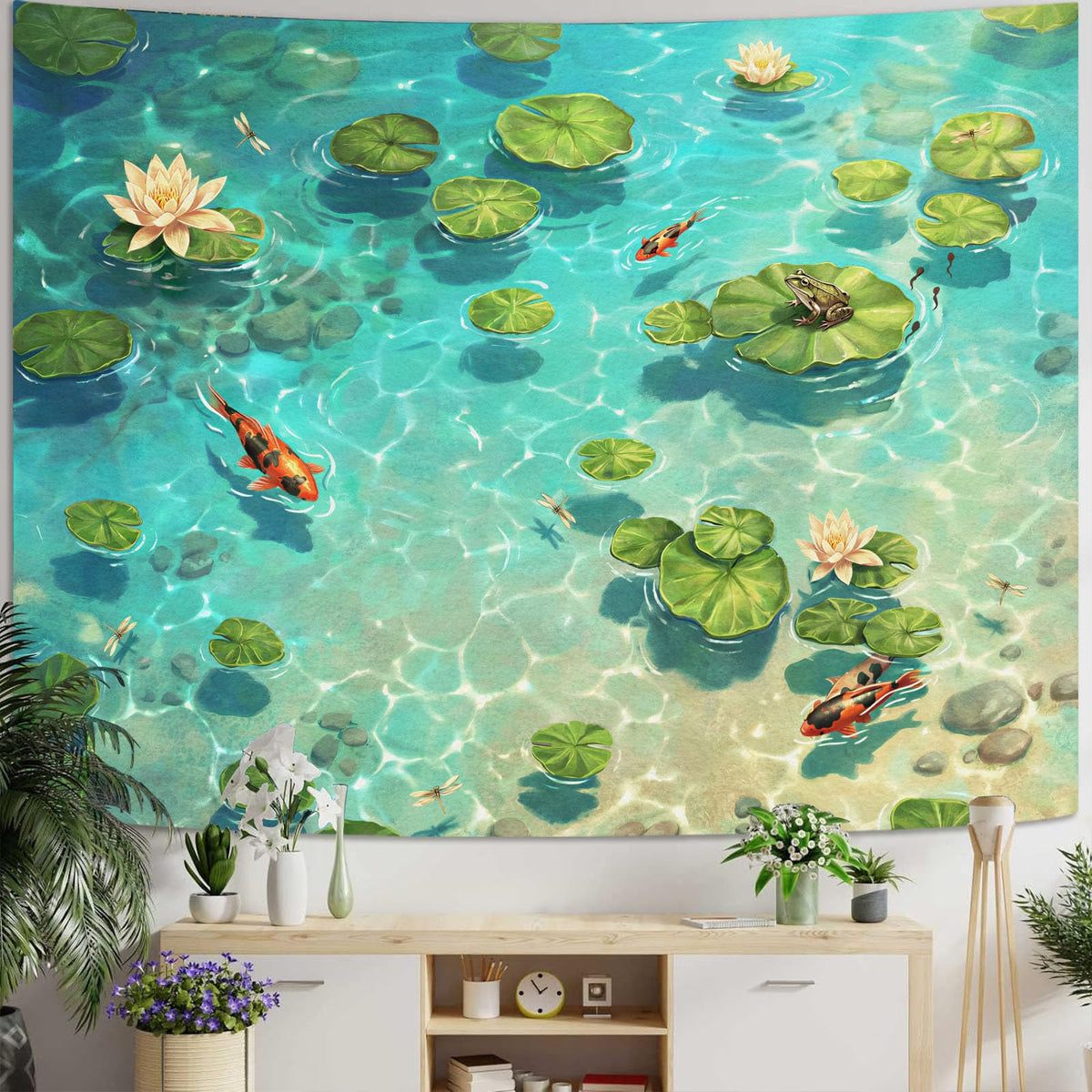 Japanese Summer Pond Tapestry (Art Deco / Teal / 80"L x 60"W)