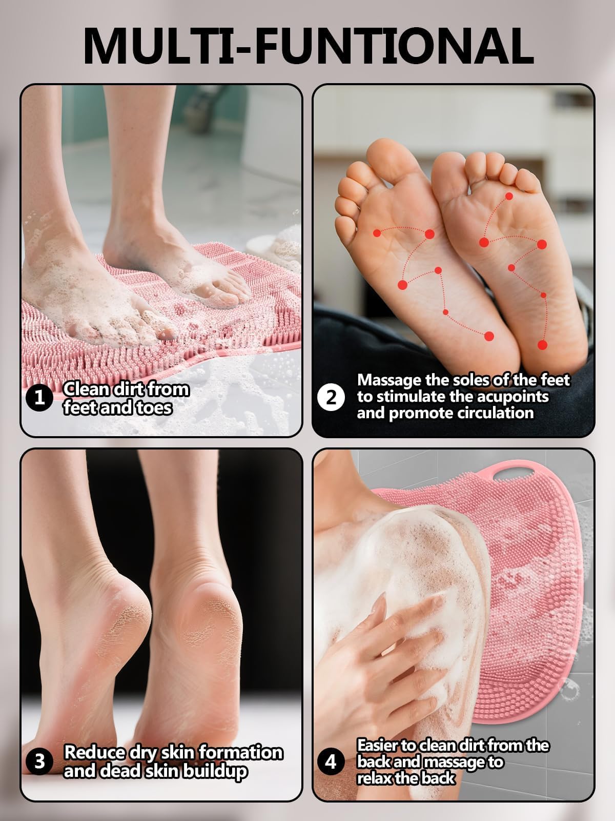 Silicone Shower Foot Scrubber Mat with Non Slip Suction Cups (Pink)