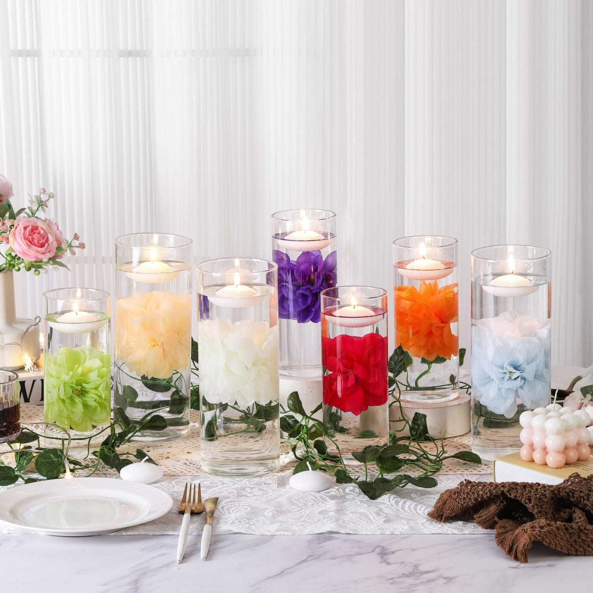 24 Pcs Floating Candles for Centerpieces and Floating Flowers for Centerpieces Champagne Artificial Flowers Vase Fillers for Wedding Table Party Home Decoration (Champagne)