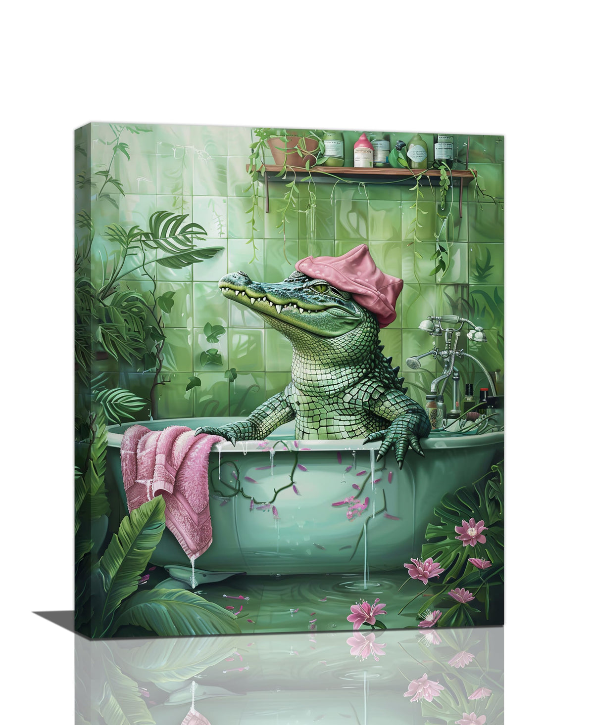 Bathroom Crocodile Wall Art Alligator Bathroom Pictures Wall Decor Funny Toilet Bathroom Canvas Painting Home Modern Artwork Decorations Framed for Restroom 16 x 20 inch (20"L x 16"W / Crocodile)