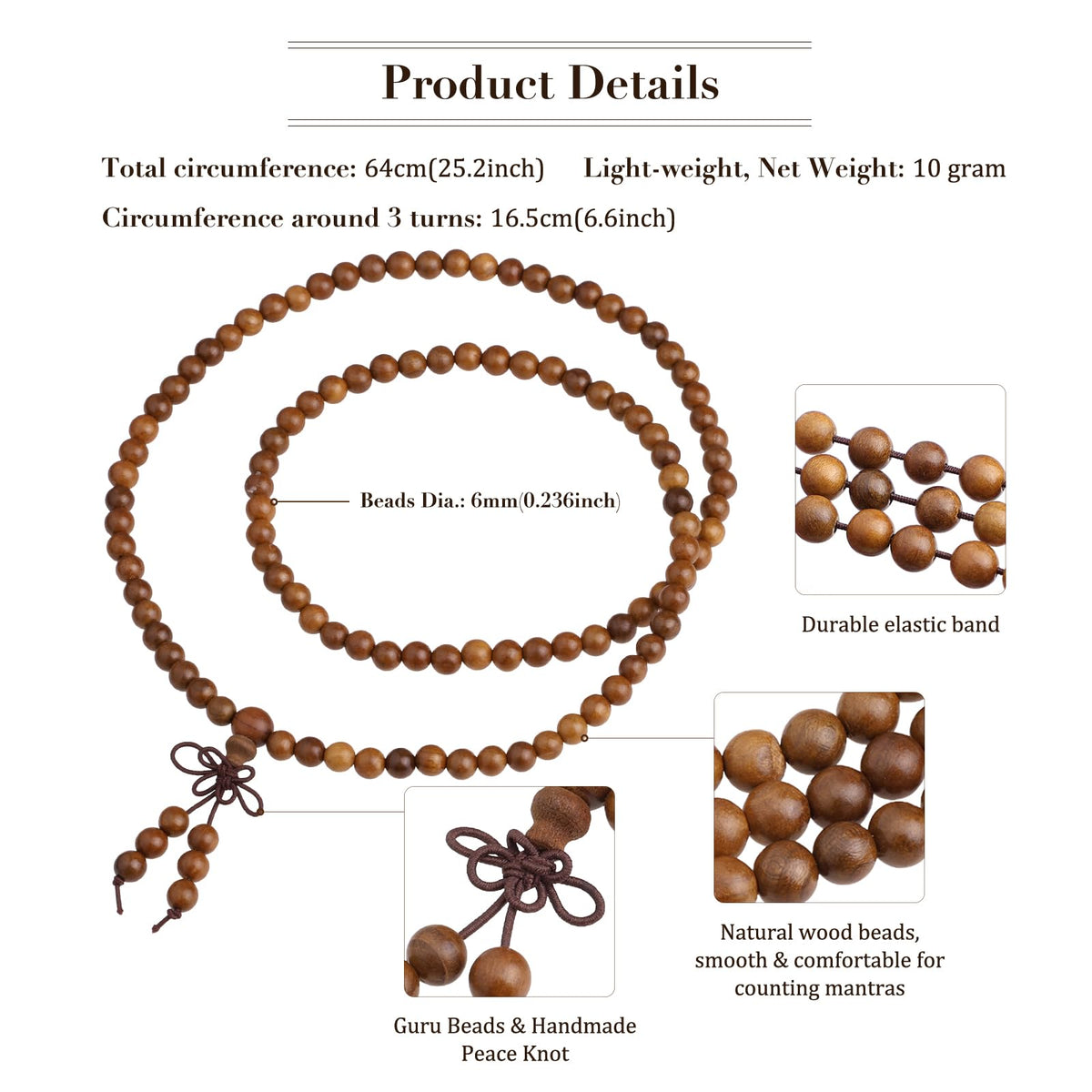6mm 108 Beads Natural Wood Mala Necklace (#1-Light Brown)