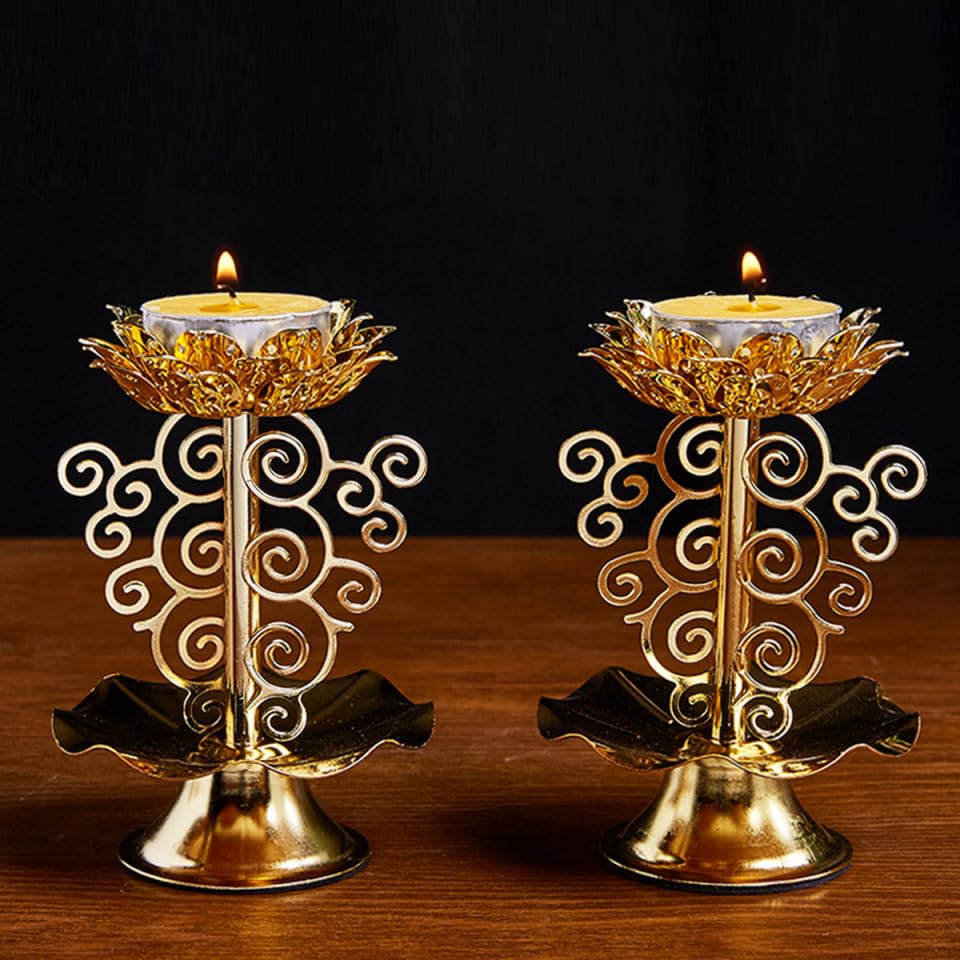 Lotus Candle Holder Set Golden Alloy 4.5 X 3 X 3 in 3 Pack (Goldenx3pcs / 11.5x7.5cmx3pcs)