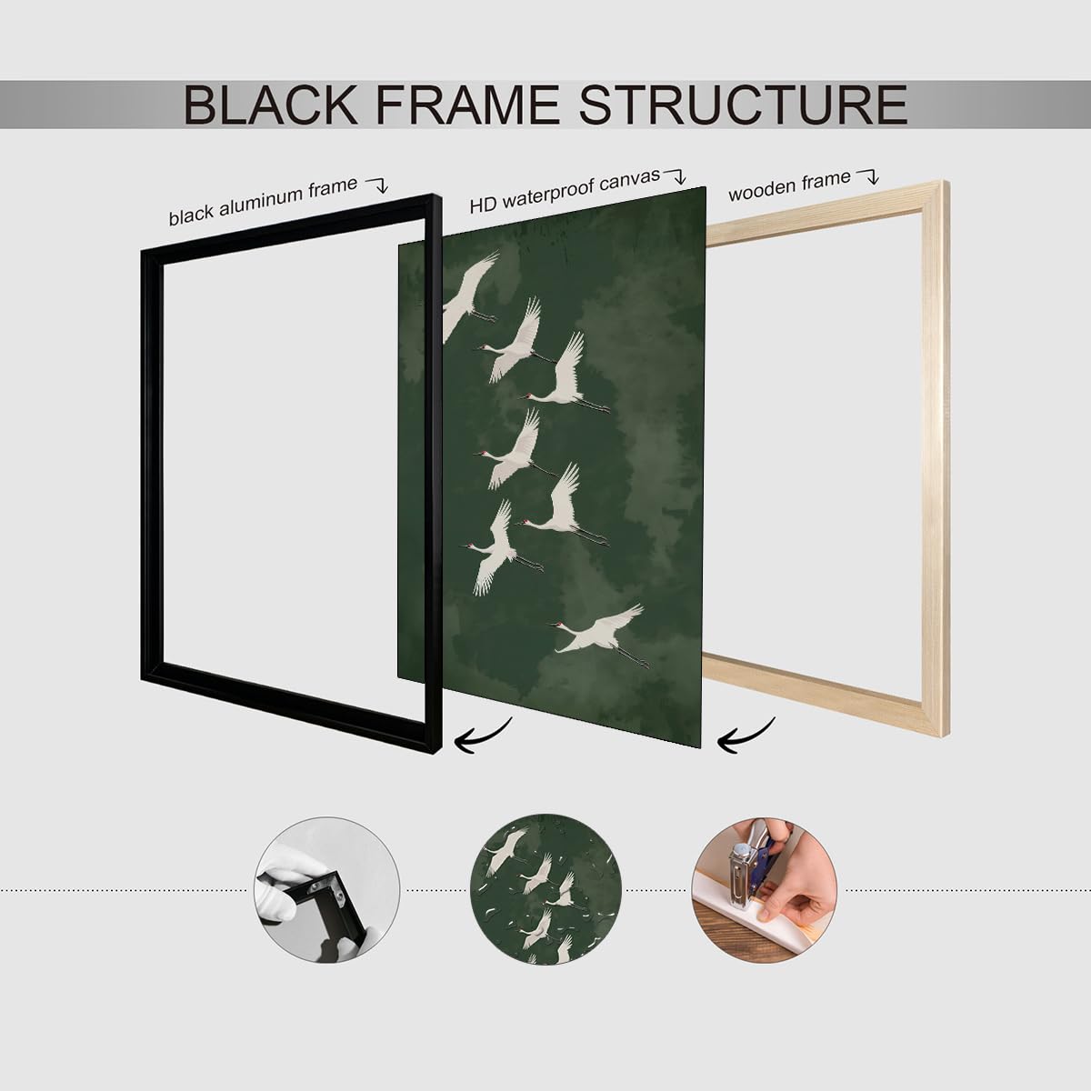 Japanese Flying Black Framed Wall Art Vintage Bird Pictures Decor Poster 12x16 inch Rustic Nature Animal Canvas Prints Minimalist Home Decor for Asian Style Living Room Bedroom Office Zen Ready to hang (Black Framed / Japanese Canvas / 16"L x 12"W)