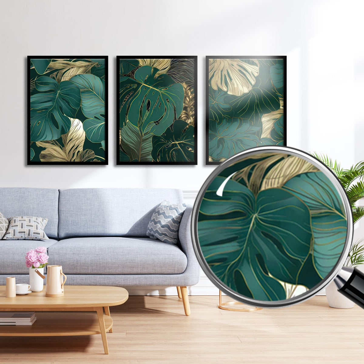Tropical Botanical Leaf Wall Art Dark Green Picture Wall Decor (Green Leaf-3pcs / 12 X 16 Inches)