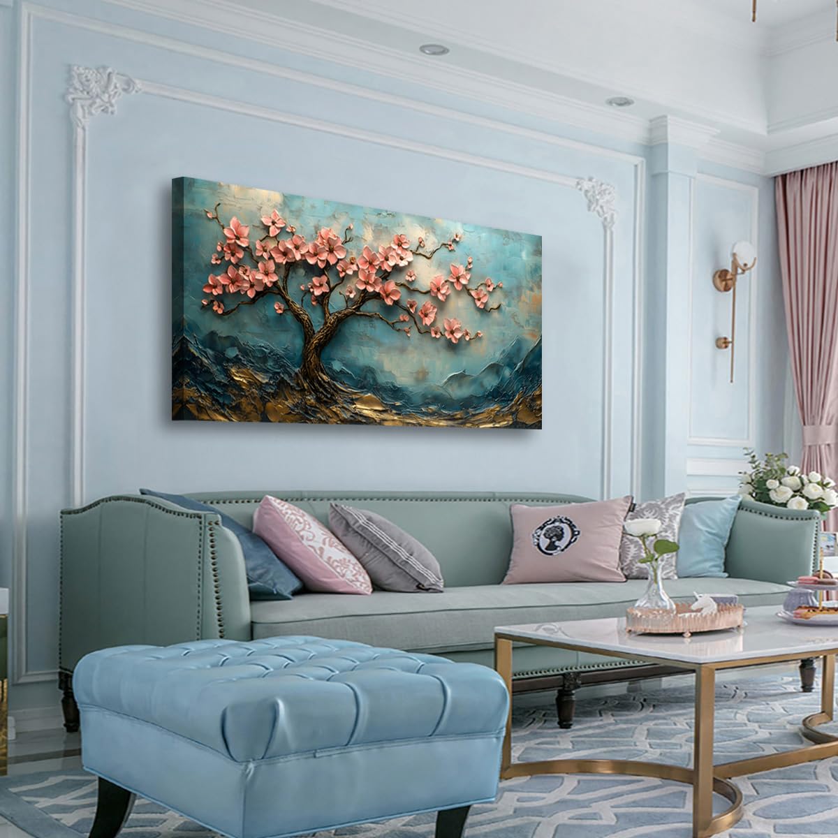 Tree of Life Pink Flowers and Golden Trees Pictures Canvas Wall Art for Living room Office Bedroom Teal Mountain Abstract Wall Decor Art Print Paintings Modern Plum Blossom Artwork (40"L x 20"W / Pink Flowers and Golden Trees)
