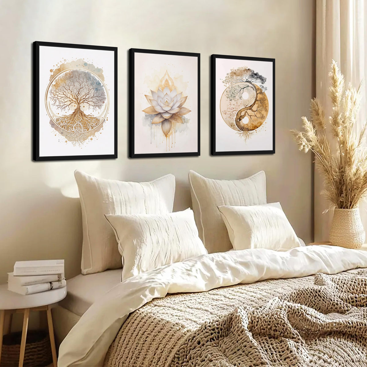 Wood Framed Tree of Life Wall Art Set of 3 (Golden Tree of Life / 16"L x 12"W)