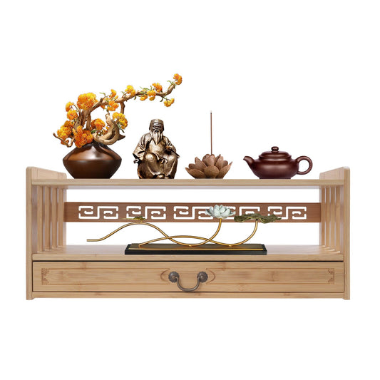 27.2in Meditation Table Bamboo Altar Table with Drawer Meditation Table Altar with Storage Bamboo Puja Tables Floor Desk for Puja Prayers Rituals (27.2" x 11" x 9.8" / Wood Color)