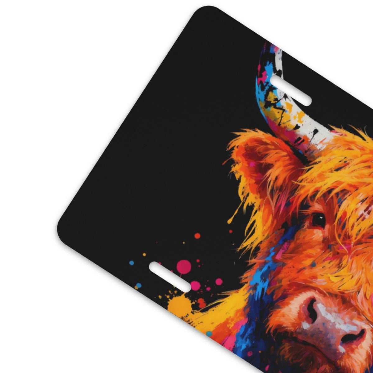 Colorful Splash Cute Highland Cow Front License Plate Aluminum Decorative License Plates Metal Car Plate 6"X12" Novelty Vanity Tag Cover with 4 Holes Car Decor Accessory (Brass / 6 X 12 Inch)