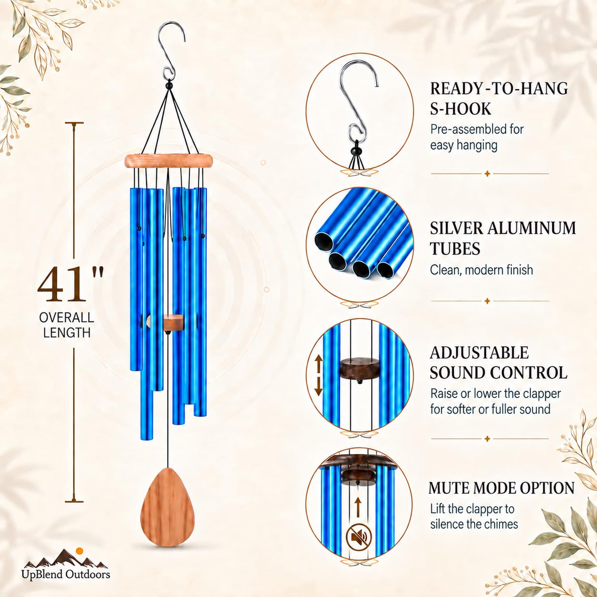UpBlend 41" Blue Aluminum Wind Chimes for Outside (41")