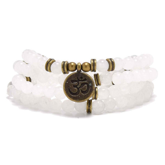 108 Mala Beads Bracelet with om Charm (White Jade)