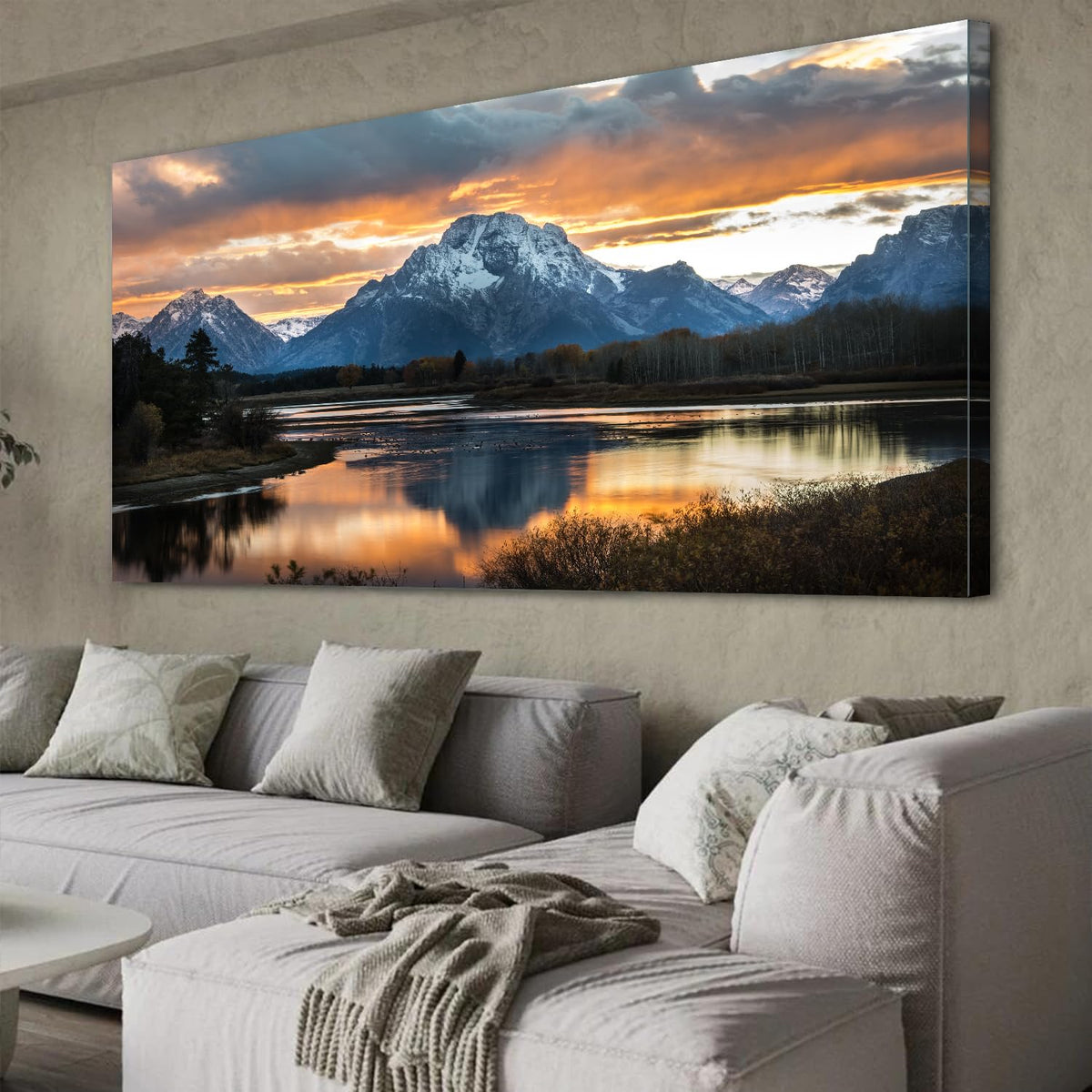 Extra Large Mountain Wall Art for Living Room Sunset Nature Grand Teton Wall Decor National Park Posters Wyoming Snake River Landscape Canvas Prints Artwork for Bedroom Office Home Decoration 35x70" (70"L x 35"W / Grand Teton)