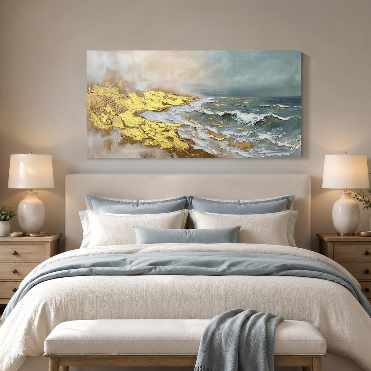 Abstract Blue & Gold Ocean Canvas Wall Art for Living Room 40"x20" (Gold Beach / 40"L x 20"W)