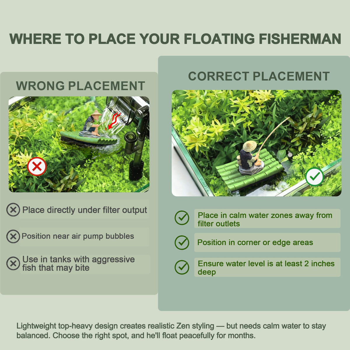 2-in-1 Floating Aquarium Decor, Fisherman Bamboo Raft for Fish Tank (Bamboo Raft (2-in-1))