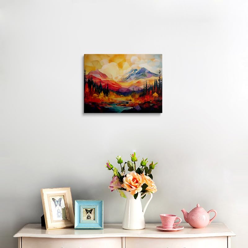 Abstract Mountain Sunset Canvas Wall Art Framed Print Color Block Painting Geometric Peaks with Forest River in Vibrant Warm Cool Tones Modern Nature Wall Decor Artwork 16x24 Inches (Red Mountain Scenery / 24"L x 16"W)