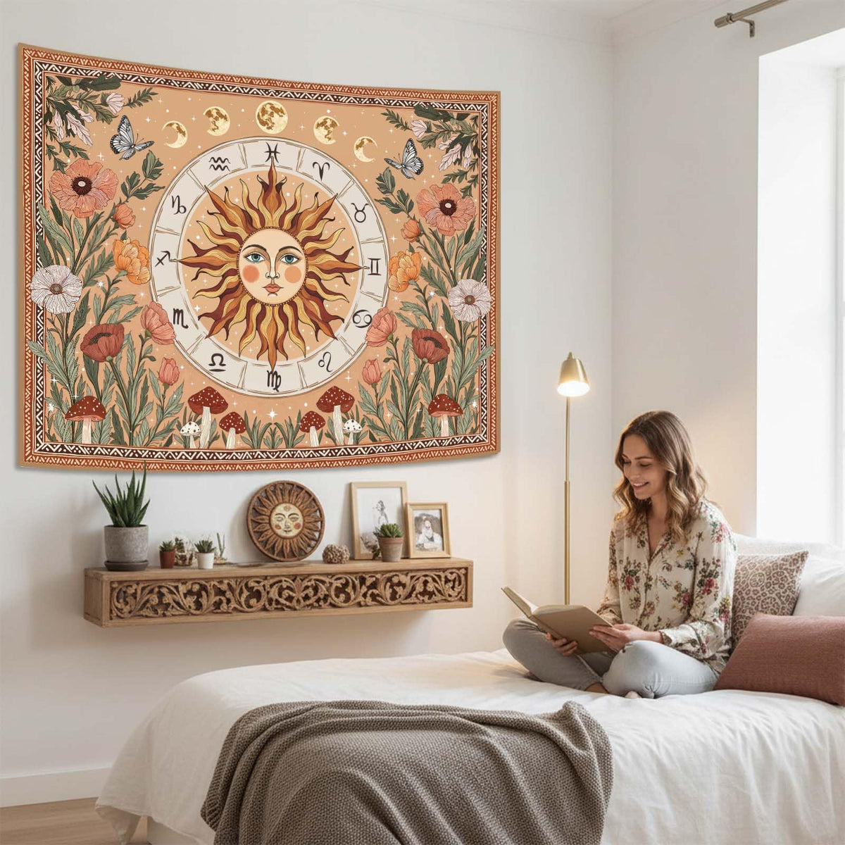 Boho Sun and Moon Vintage Mushroom Floral Tapestry 48x36 Inch (Light Red / 48"L x 36"W)