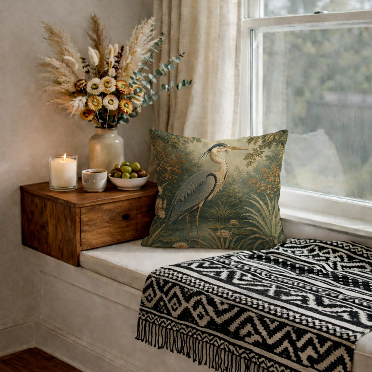 Vintage Floral Great Blue Heron Bird Pillow Cover 18x18 (White-blue Heron Bird 20)
