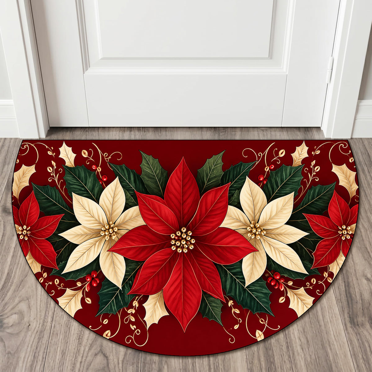 Christmas Poinsettia Half Round Doormat 35.4 x 23.6 Inch (Red Poinsettia / 1'11" x 2'11" (Semicircular))