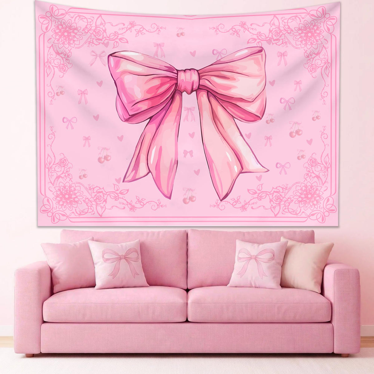Pink Bohemian Wall Hanging Preppy Bow Tapestry for Teen Girls 60ʺ x44ʺ (Pink / 60"L x 44"W)