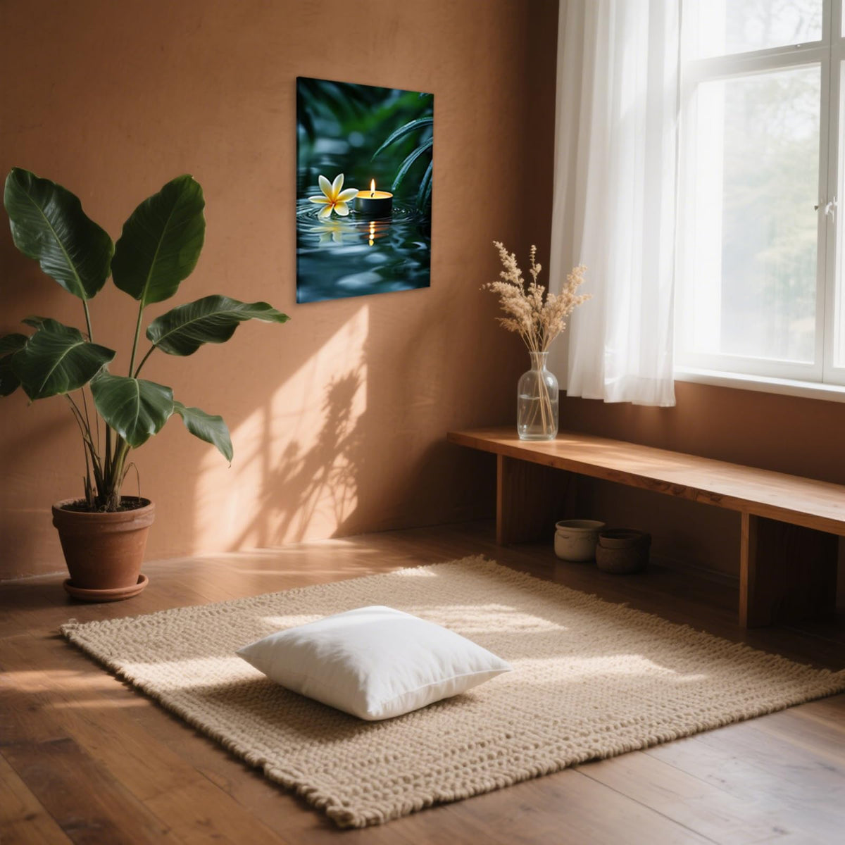 Zen Canvas Wall Art Plumeria Flower and Candle in Water Print Framed Artwork Poster for Spa Bathroom Decor (WE000051-6 / 18"L x 12"W)