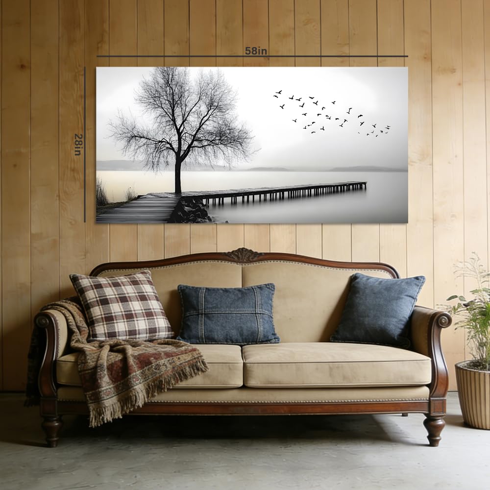 Black and White Lake Pier Canvas Wall Art Bare Tree Flying Birds Minimalist Landscape Painting Flat Print Gallery Wrapped Artwork for Living Room Bedroom Bathroom Decor (Mysterious / Black Lake Pier 6 / 58"L x 28"W)