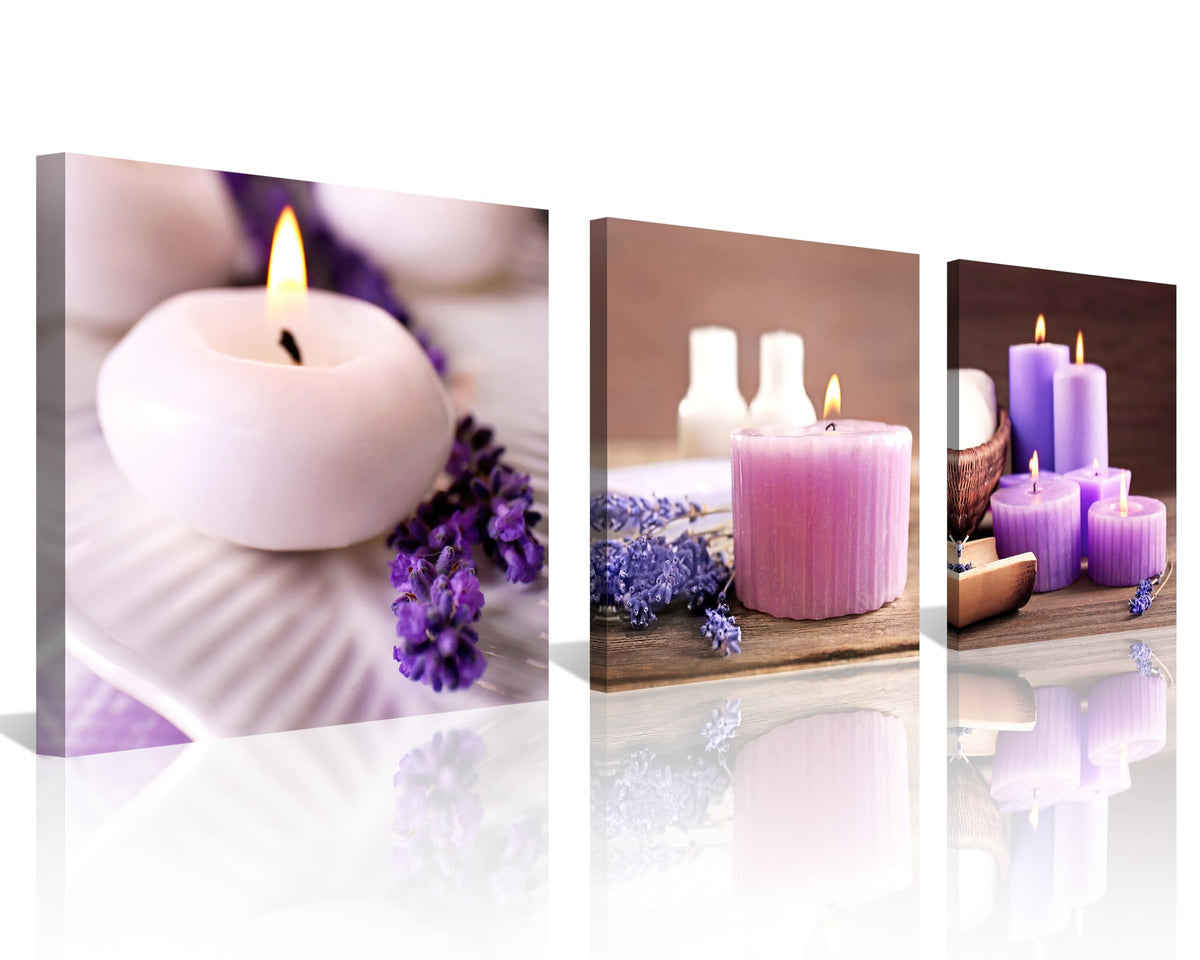 Zen Canvas Wall Art Spa Still Life with Lavender Aromatherapy Candles and Zen Stone Aroma Lavender Flower Painting Pictures Print on Canvas Ready to Hang for Bathroom Decoration (12X12inchX3pcs / lavender candles)