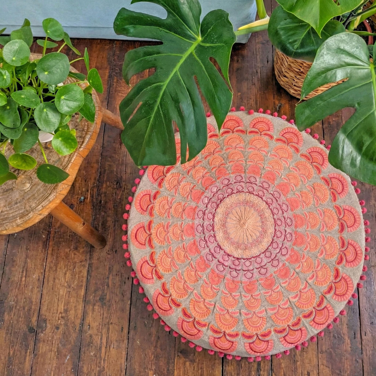 Large Boho Pouf Cushion Cover Pink Round Floor Pillow Luxury Kids Room Décor Cotton Pouf Ottoman Cushion for Meditation Yoga (Pouf Cover / Pink Peacock)
