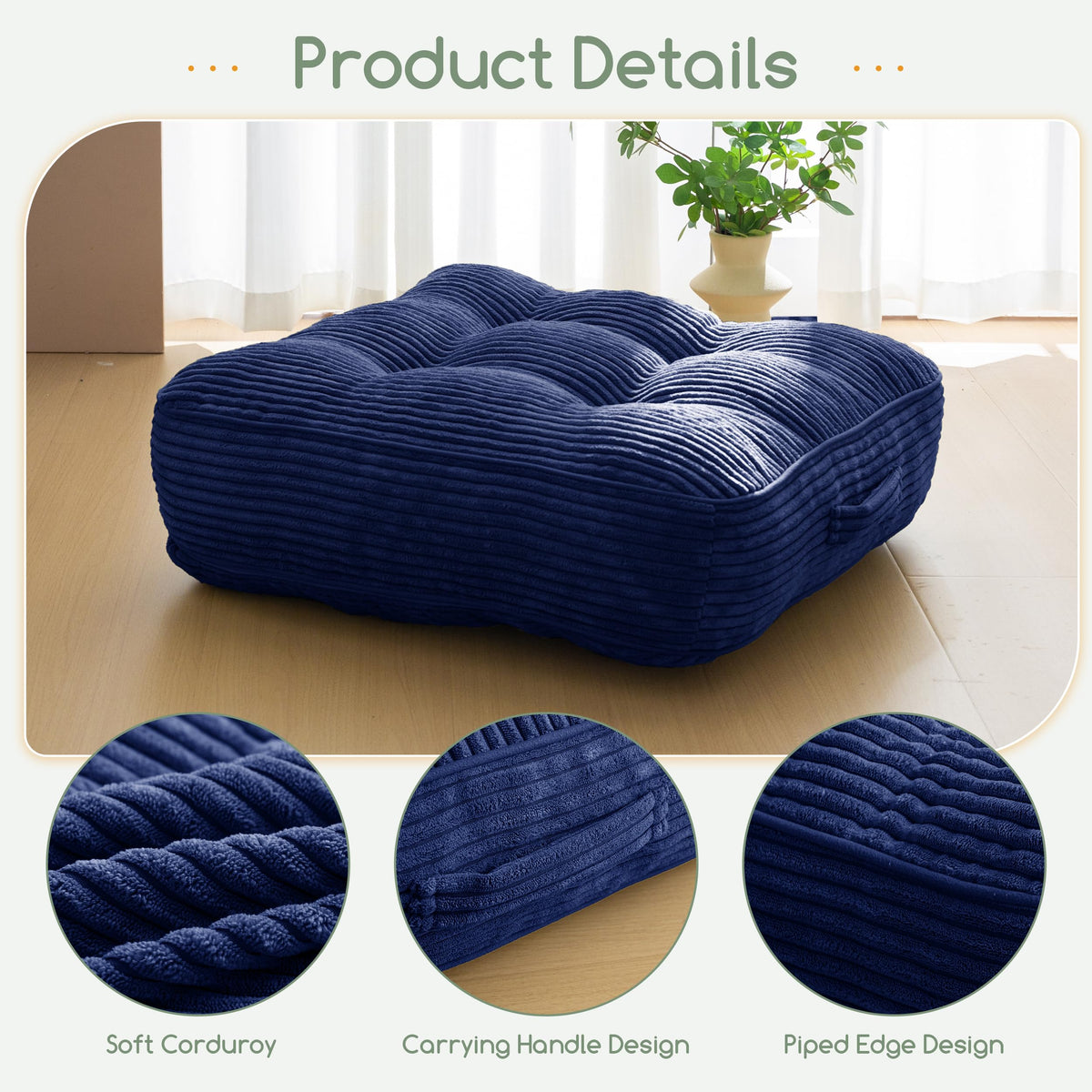 6" Extra Thick Floor Pillow Cushion for Adults (Square Navy / 6" Thick(Pack of 2))