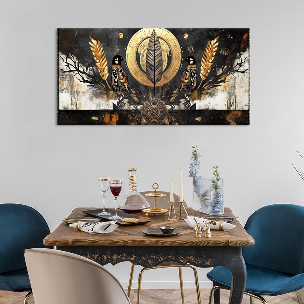 Gold Black Two Symmetrically Ravens Wall Art for Living Room Office Mystical Symbolic African Tribal Painting Prints Abstract Canvas Artwork Dining Bedroom Decor Large (Abstract / Gold Black Two Ravens Wall Art / 46"L x 23"W)