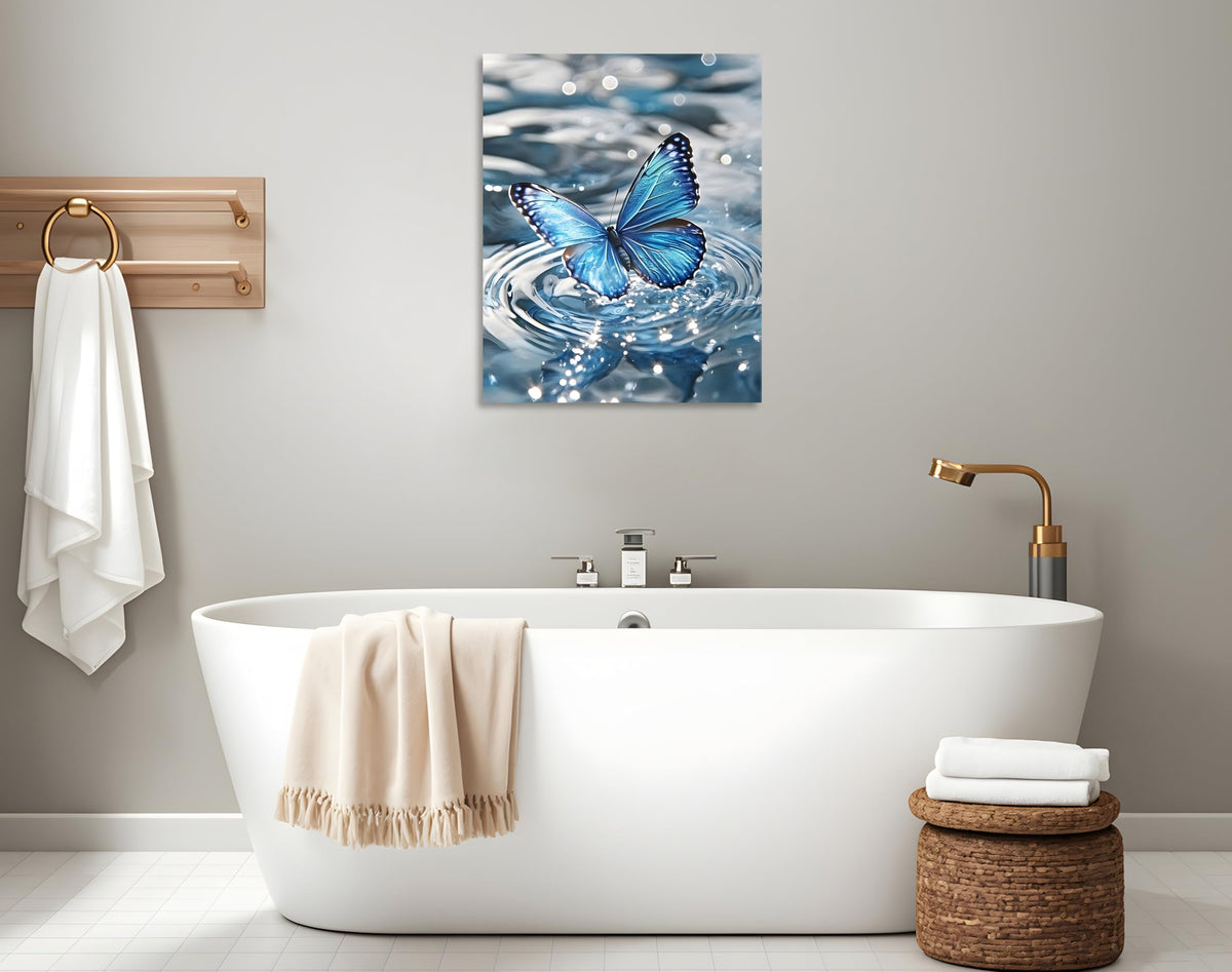 Blue Butterfly Canvas Wall Art Butterfly Picture Framed Blue Butterflies Playing in the Water Poster Vintage Butterflies Painting for Bathroom Living Room Yoga Room Wall Framed 16X20 inch (20"L x 16"W / Blue Butterfly Poster Framed)