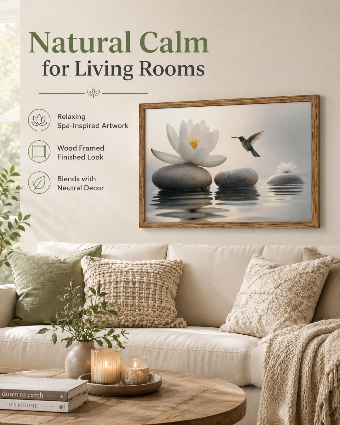Wood Framed Zen Stone Wall Art Spa Lotus Flower Hummingbird Wall Decor (Hummingbird / 16"L x 24"W)