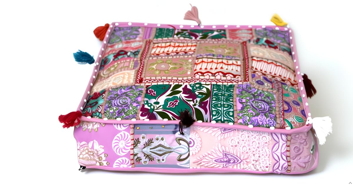 Indian Square Patchwork Traditional Pouf Cover Indian Living Room Poufs Decorative Embroidered Designer Ottoman Home Living Footstool Chair Cover Decor Pillow Cover 22x22x5 inches Baby Pink (22"D x 22"W x 5"H / Baby Pink)