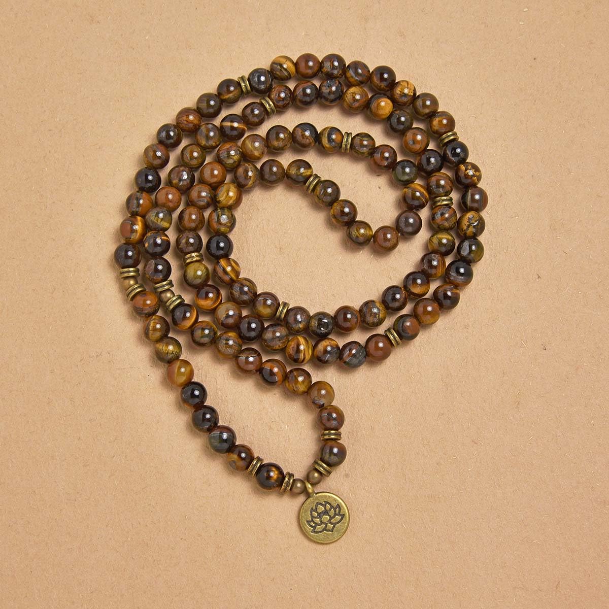 108 Natural Stone Mala Beads Yoga Bracelet with Lotus Charm (Brown Tiger Eye)