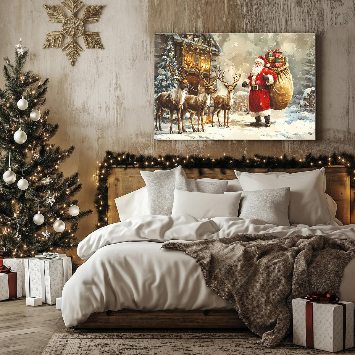 Vintage Christmas Wall Art Rustic Farmhouse Santa Claus Wall Decor Winter Deer Canvas Pictures Christmas Tree Santa and Reindeer Painting Artwork for Living Room Bathroom Home Decorations 24x36" (36"L x 24"W / Santa Claus)