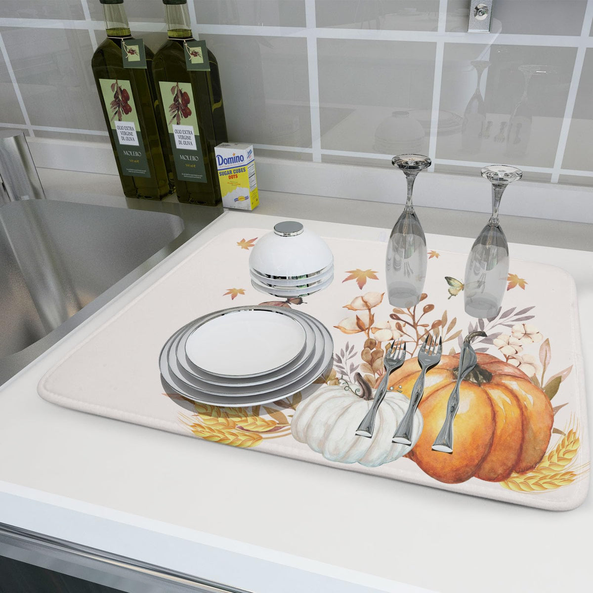 Fall Pumpkin Maple Dish Drying Mat for Kitchen Counter (Pumpkin and Butterflies230807 / 18" x 24")
