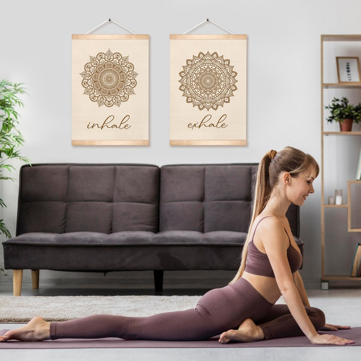 Boho Zen Wall Art Exhale&Inhale Inspirational Poster for Yoga Room Decor (Beige-2)