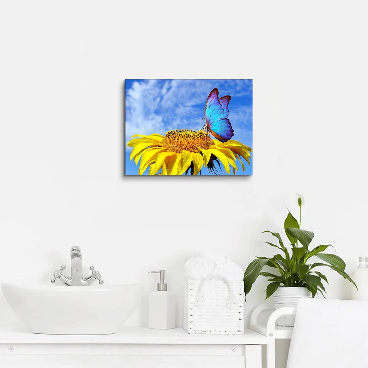 Sunflower Wall Art Bathroom Decor Butterfly Pictures Blue Sky Nature Landscape Canvas Prints Kitchen Sunflower Painting for Living Room Artwork Yellow Floral Posters Bedroom Home Decorations 12x16" (16"L x 12"W / Sunflower Butterfly)