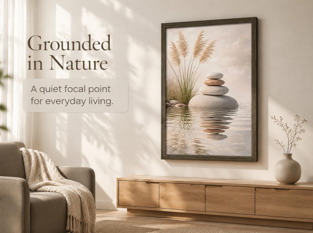 Wood Framed Zen Wall Art Stacked Balance Stones Botanical Canvas Print Zen Room Wall Decor for Spa Bathroom Yoga Studio Living Room Bedroom Office Study 16x24 Inch (Zen Stone / 24"L x 16"W)