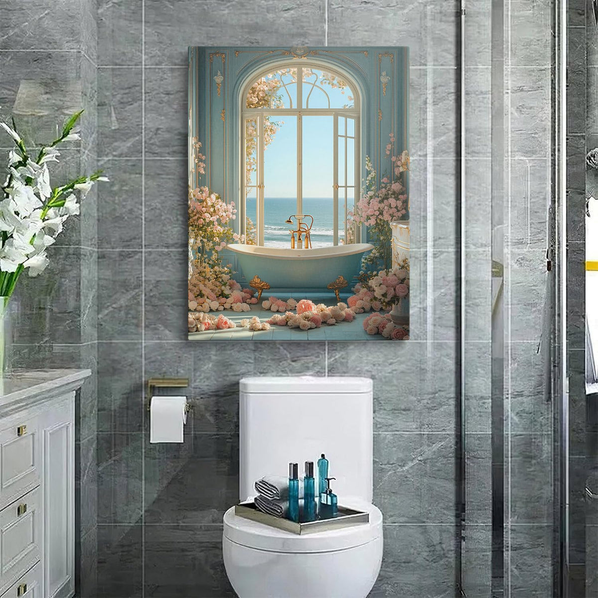 Coastal Blue Bathroom Canvas Wall Art Framed Floral Ocean Decor 16x24 Inch (Bathtub / 24"L x 16"W)