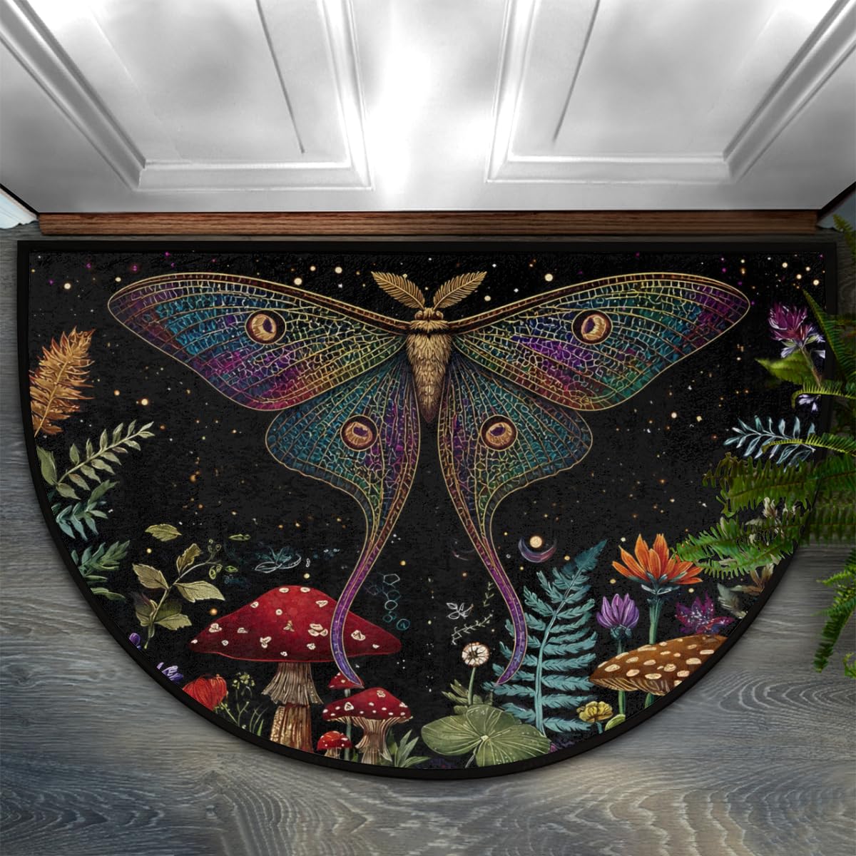 Boho Moth Butterfly Mushroom Flower Ferns Half Round Door Mat Indoor Entrance Low Pile Non Slip Absorbent Semi Circle Welcome Mats Doormats 36x24 in Floor Mats for Home Kitchen (Boho Moth Butterfly Mushroom Flower Ferns)