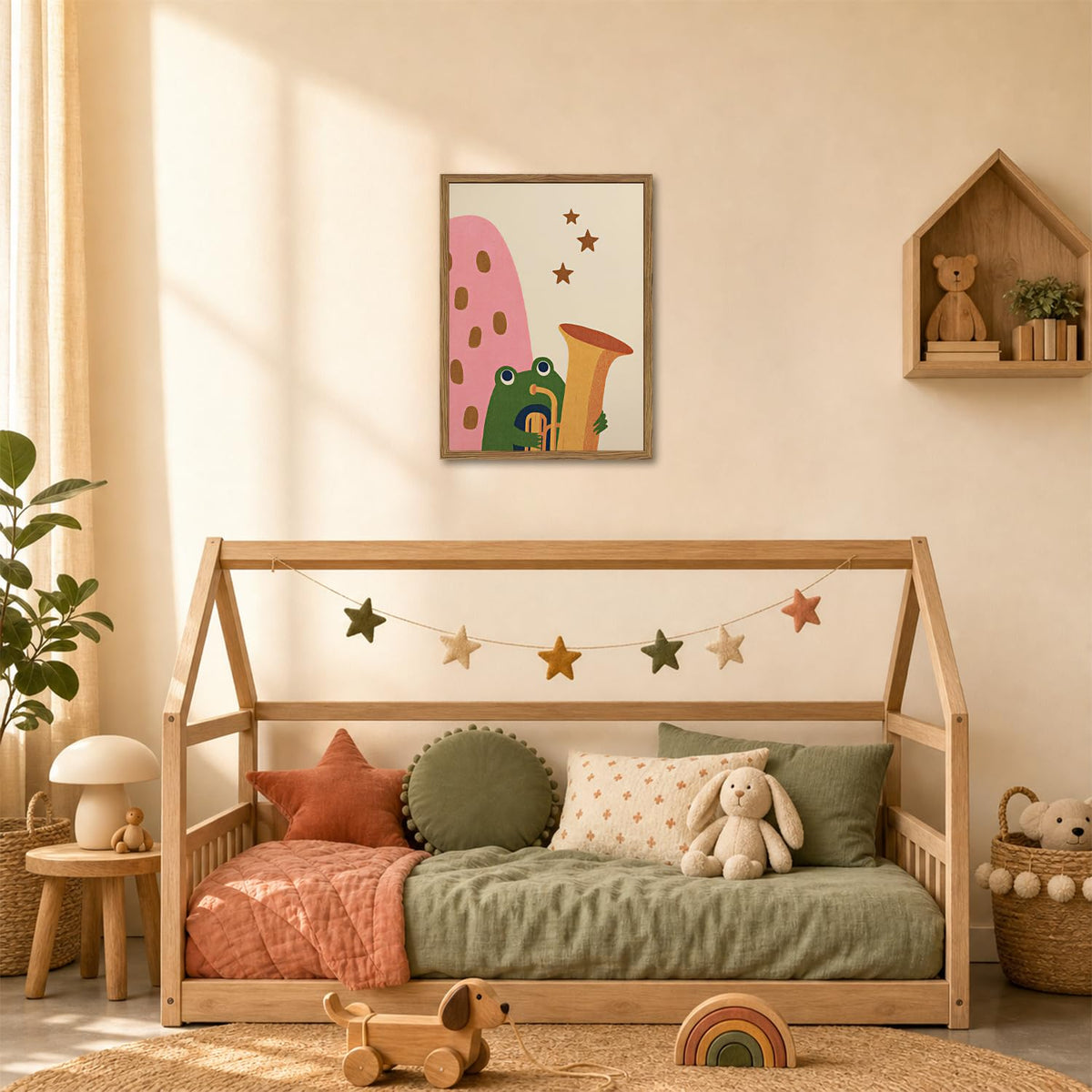 Cute Frog Music Wall Art Whimsical Frog Nursery Wall Decor Picture Mid Century Animal Poster Canvas Painting Print for Living Kids Room Bedroom 24x16 inch Wood Framed (Animal-H / 24"L x 16"W)
