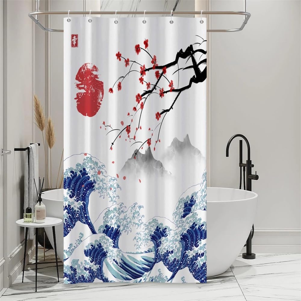 Traditional Japanese Painting Shower Curtain Kanagawa Great Wave Shower Curtain Red Sun Cherry Blossom Japanese Mountain Scenery Bathroom Curtains Waterproof Polyester Fabric with Hooks 48x72 Inch (48"W x 72"L (Pack of 1) / Blue-28)
