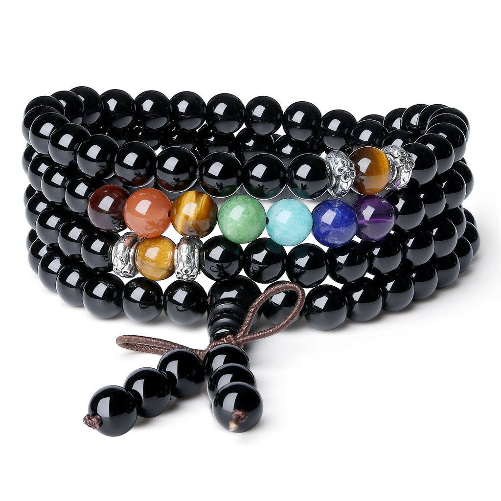 6mm Multilayer Onyx 7 Chakra 108 Mala Beads Prayer Stones Bracelet Necklace (Onyx)