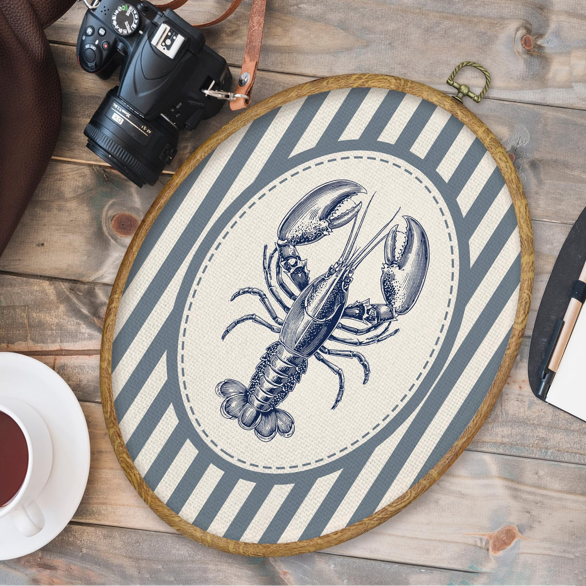 Blue Coastal Beach Lobster Oval Wall Art Decor (Color053)