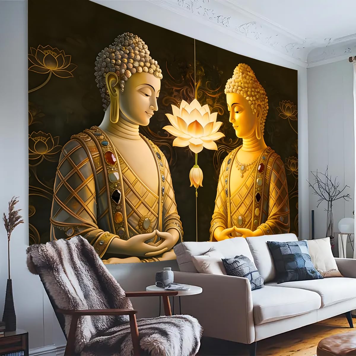 Vintage Sitting Buddha Tapestry Buddha's Light Wall Hanging Buddhist Statue Tapestries Lotus Meditation Wall Decor Psychedelic Indian Zen Art for Bedroom Living Room Home Decor (Golden / 59"L x 51"W)